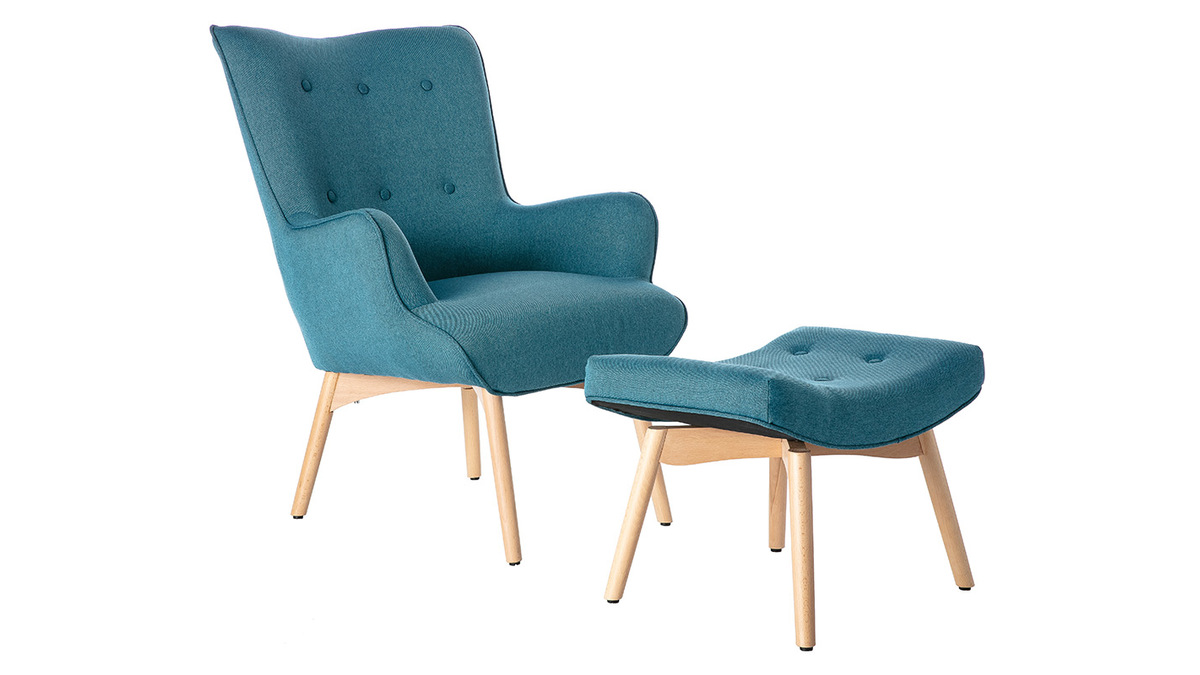 Poltrona design scandinava con poggiapiedi blu petrolio e legno chiaro BRISTOL