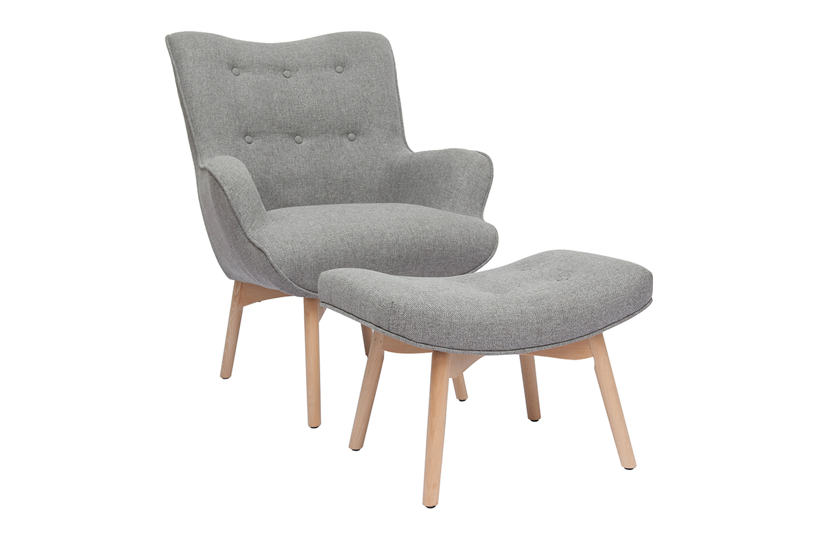 Poltrona design scandinava con poggiapiedi grigio chiaro e legno chiaro BRISTOL