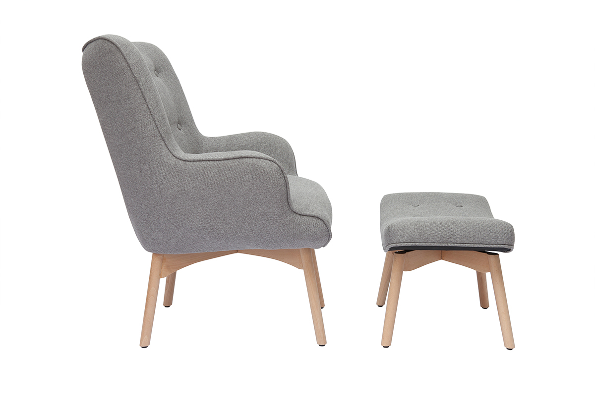 Poltrona design scandinava con poggiapiedi grigio chiaro e legno chiaro BRISTOL