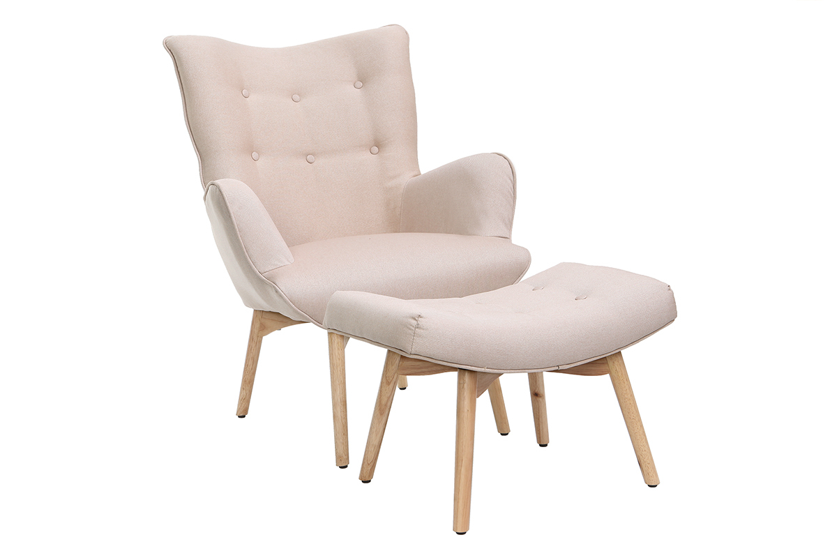 Poltrona design scandinava con poggiapiedi rosa e legno chiaro BRISTOL