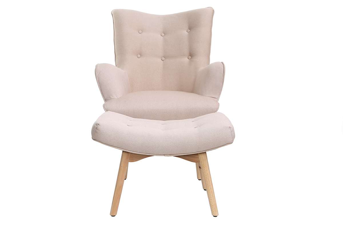 Poltrona design scandinava con poggiapiedi rosa e legno chiaro BRISTOL