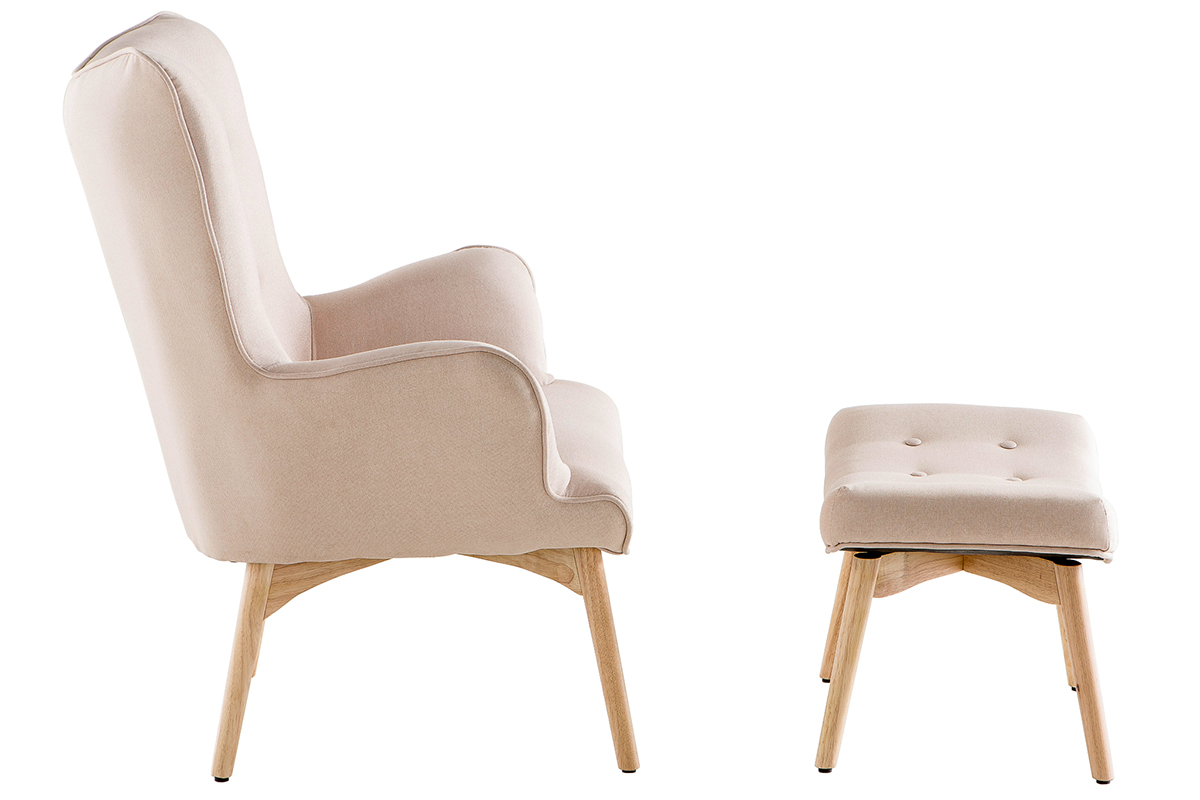 Poltrona design scandinava con poggiapiedi rosa e legno chiaro BRISTOL