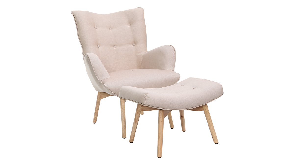 Poltrona design scandinava con poggiapiedi rosa e legno chiaro BRISTOL