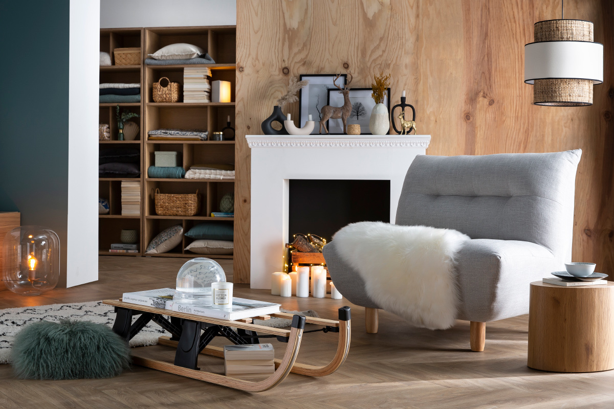 Poltrona design scandinavo grigio e quercia YUMI