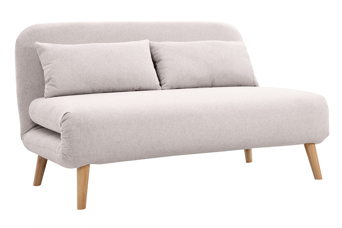 Poltrona letto 2 posti in tessuto effetto velluto beige testurizzato e legno chiaro AMIKO