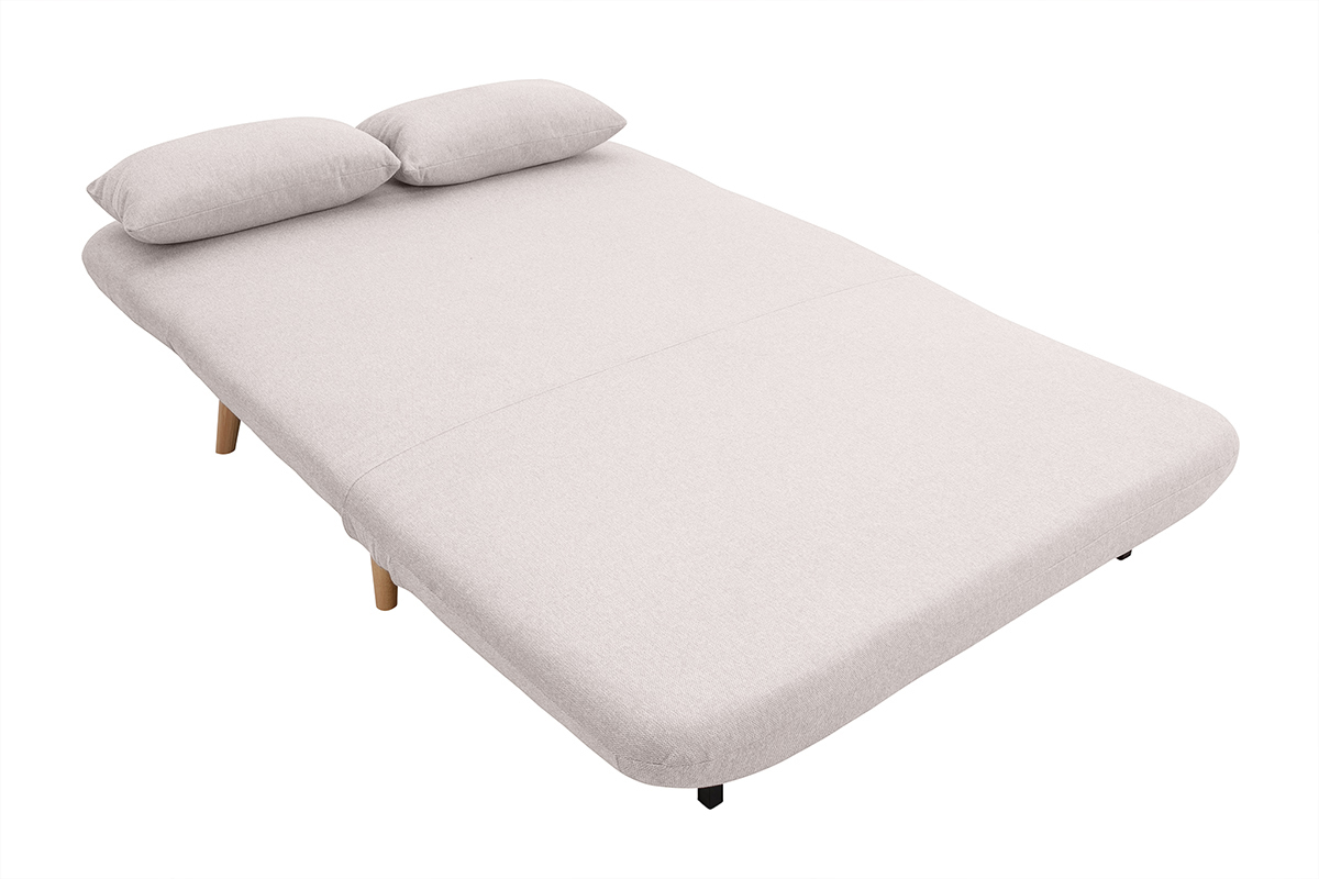 Poltrona letto 2 posti in tessuto effetto velluto beige testurizzato e legno chiaro AMIKO