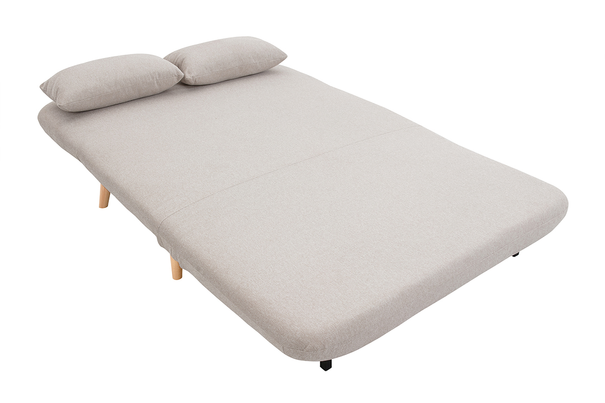 Poltrona letto 2 posti in tessuto effetto velluto beige testurizzato e legno chiaro AMIKO