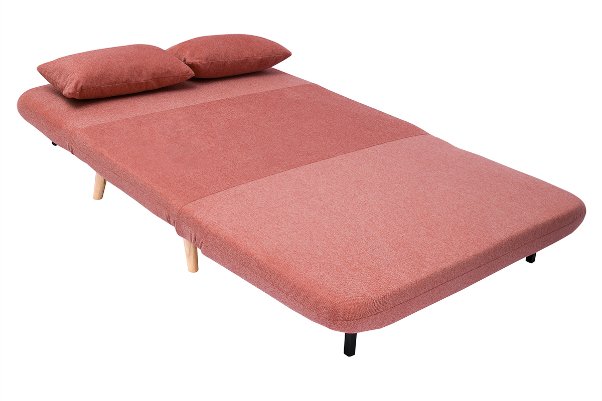 Poltrona letto 2 posti trasformabile in tessuto effetto velluto terracotta e legno chiaro AMIKO