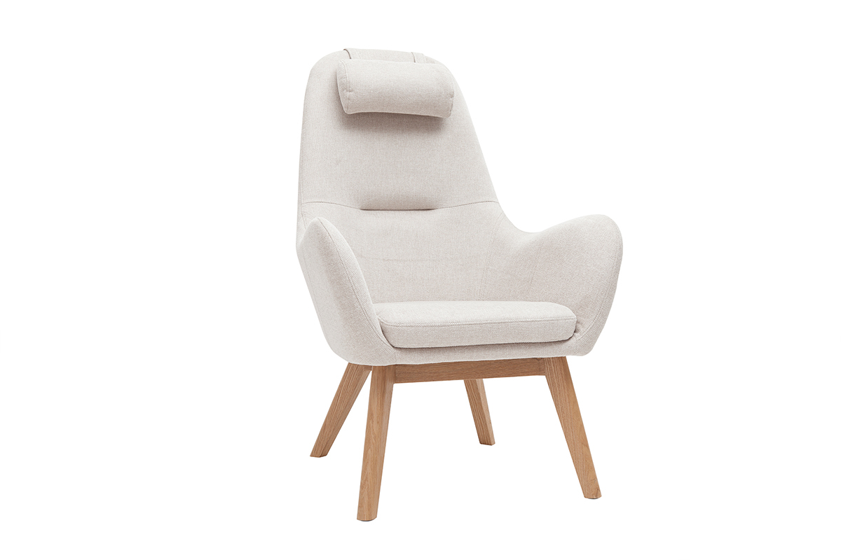 Poltrona scandinava in tessuto beige e legno chiaro MANIA