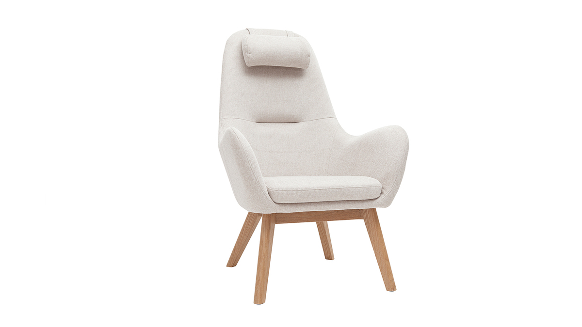 Poltrona scandinava in tessuto beige e legno chiaro MANIA