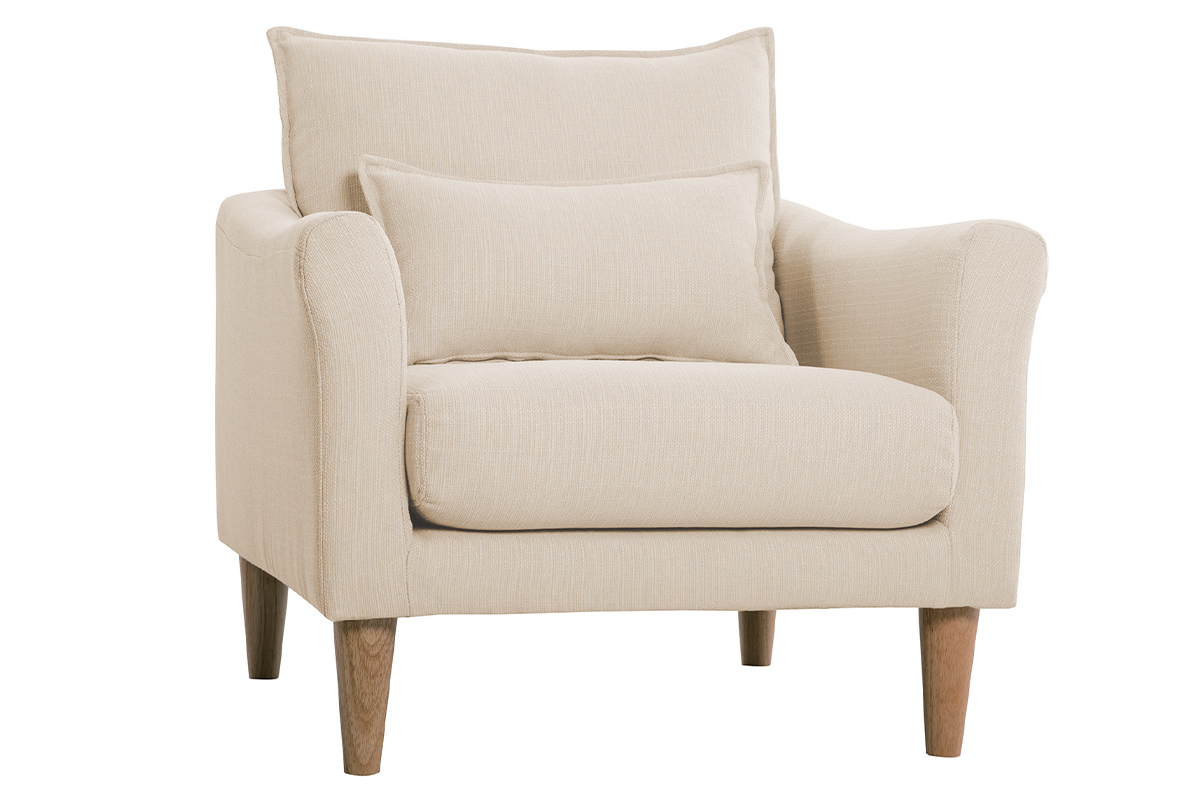 Poltrona scandinava in tessuto beige e massello di hevea KATE