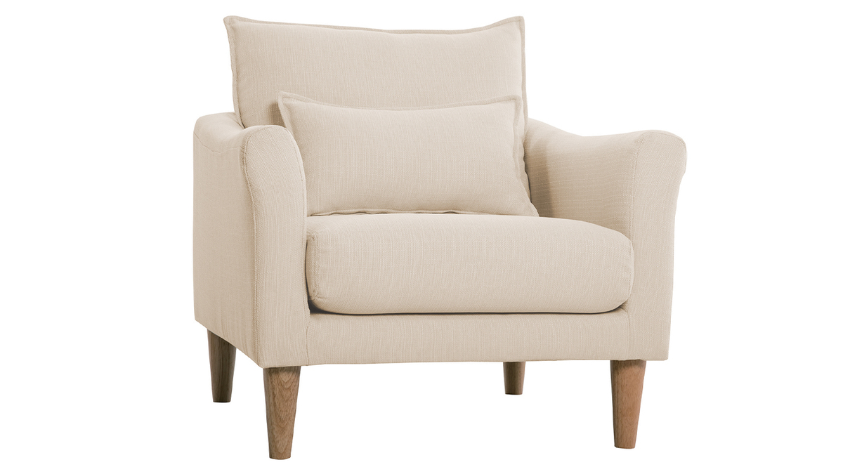 Poltrona scandinava in tessuto beige e massello di hevea KATE