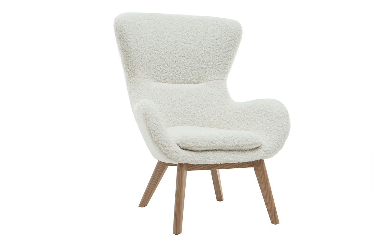 Poltrona scandinava in tessuto bianco con lana effetto riccia e legno ESKUA