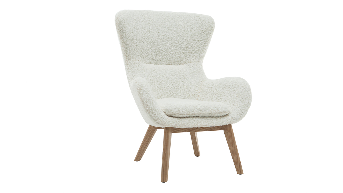 Poltrona scandinava in tessuto bianco con lana effetto riccia e legno ESKUA