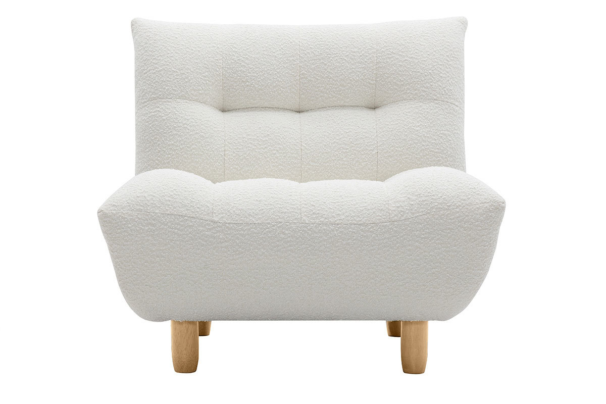 Poltrona scandinava in tessuto effetto lana boucl bianco e legno chiaro YUMI