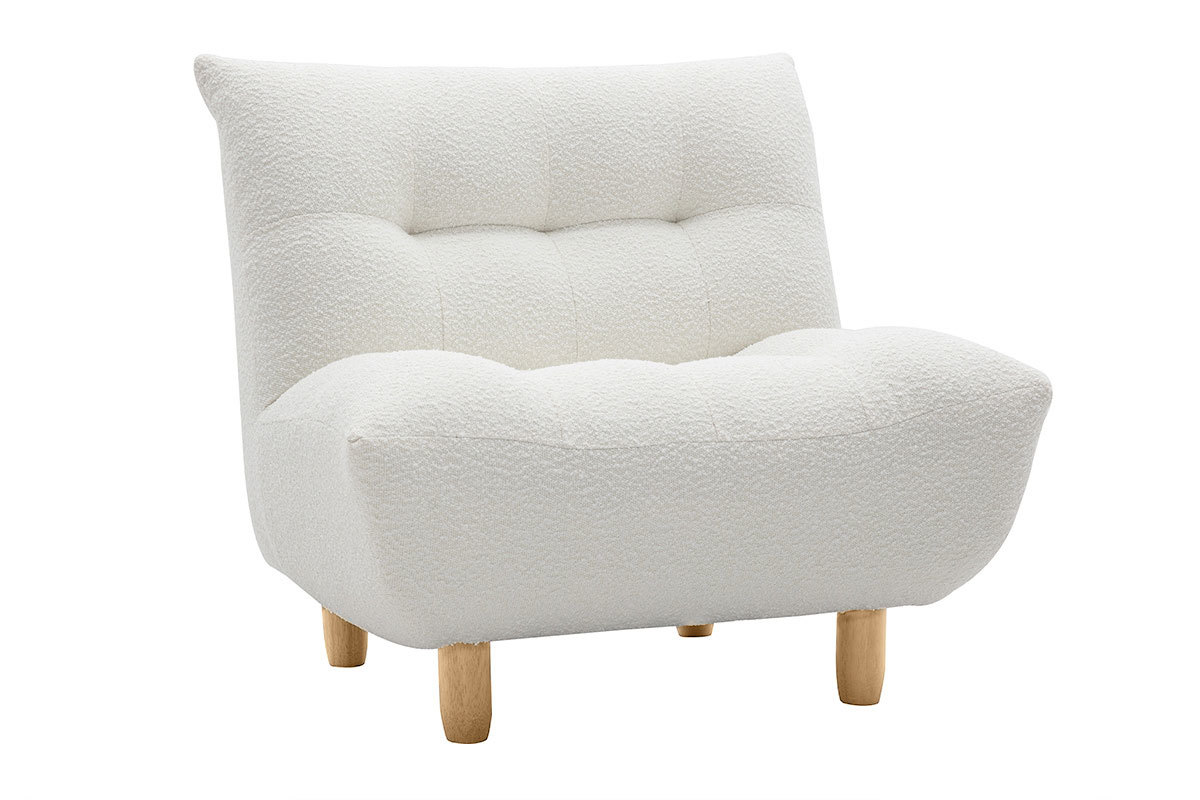 Poltrona scandinava in tessuto effetto lana boucl bianco e legno chiaro YUMI