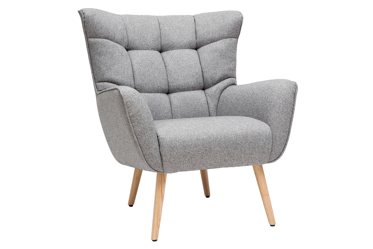 Poltrona scandinava in tessuto grigio chiaro e legno AVERY