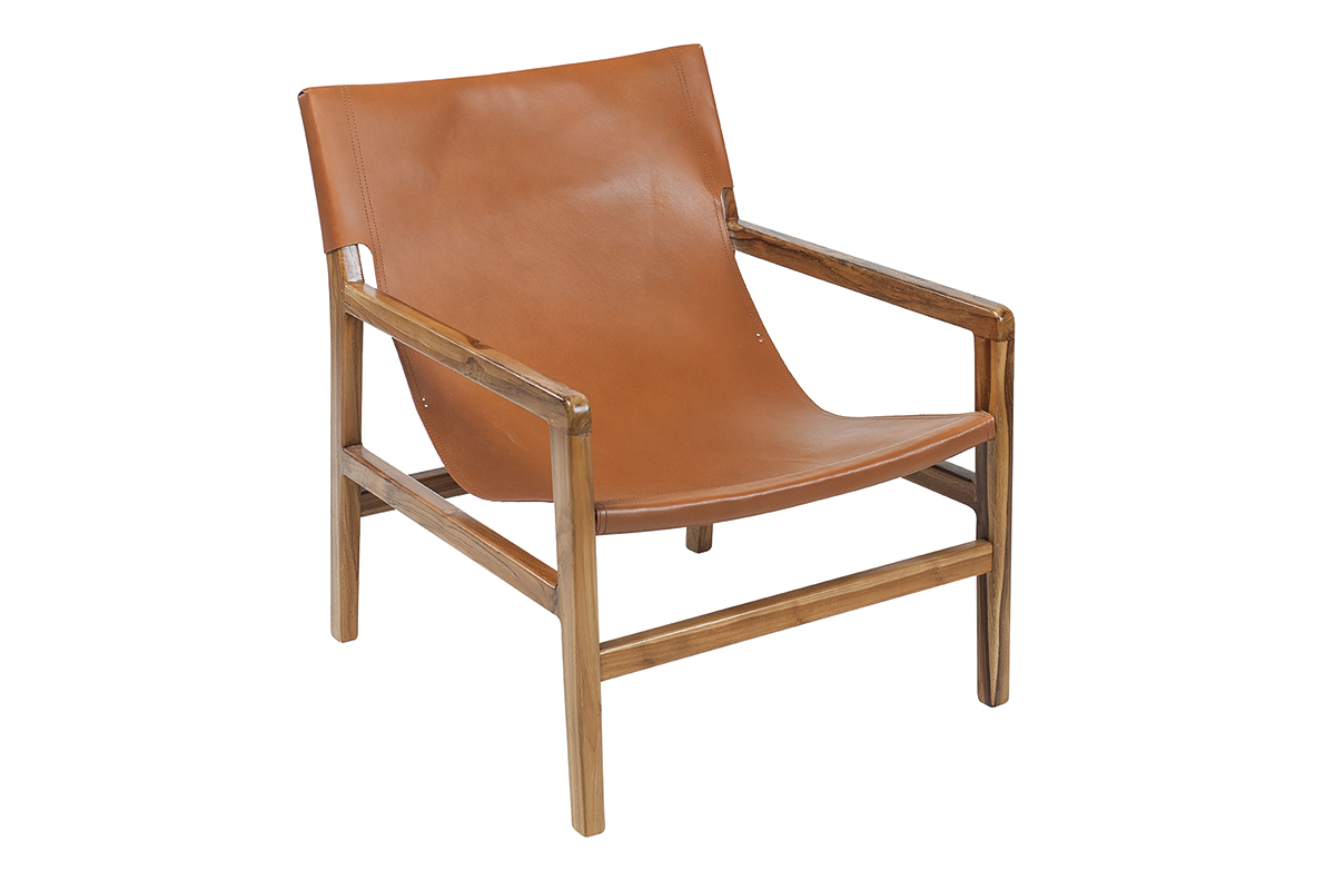 Poltrona teak e pelle marrone chiaro CHILLY