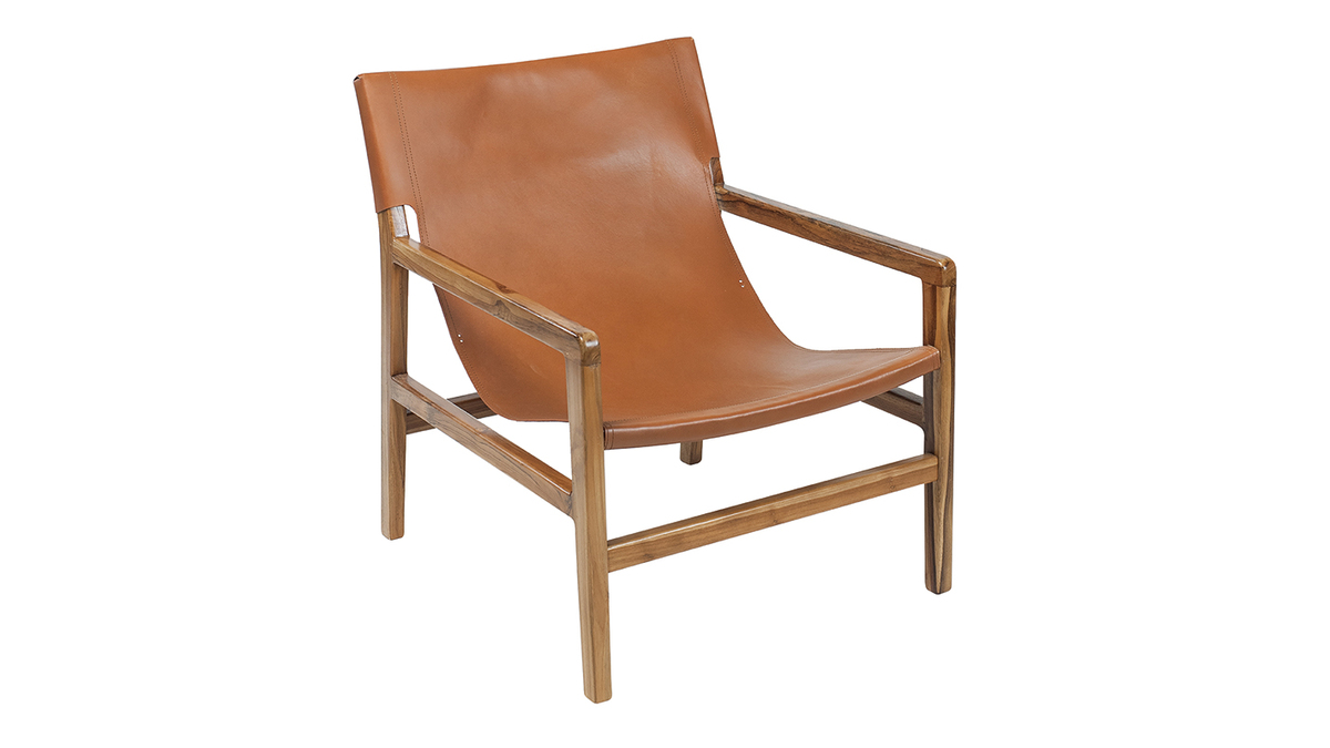 Poltrona teak e pelle marrone chiaro CHILLY