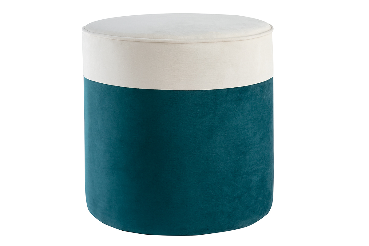 Pouf design bicolore in velluto bianco crema e blu pavone D40 cm DAISY