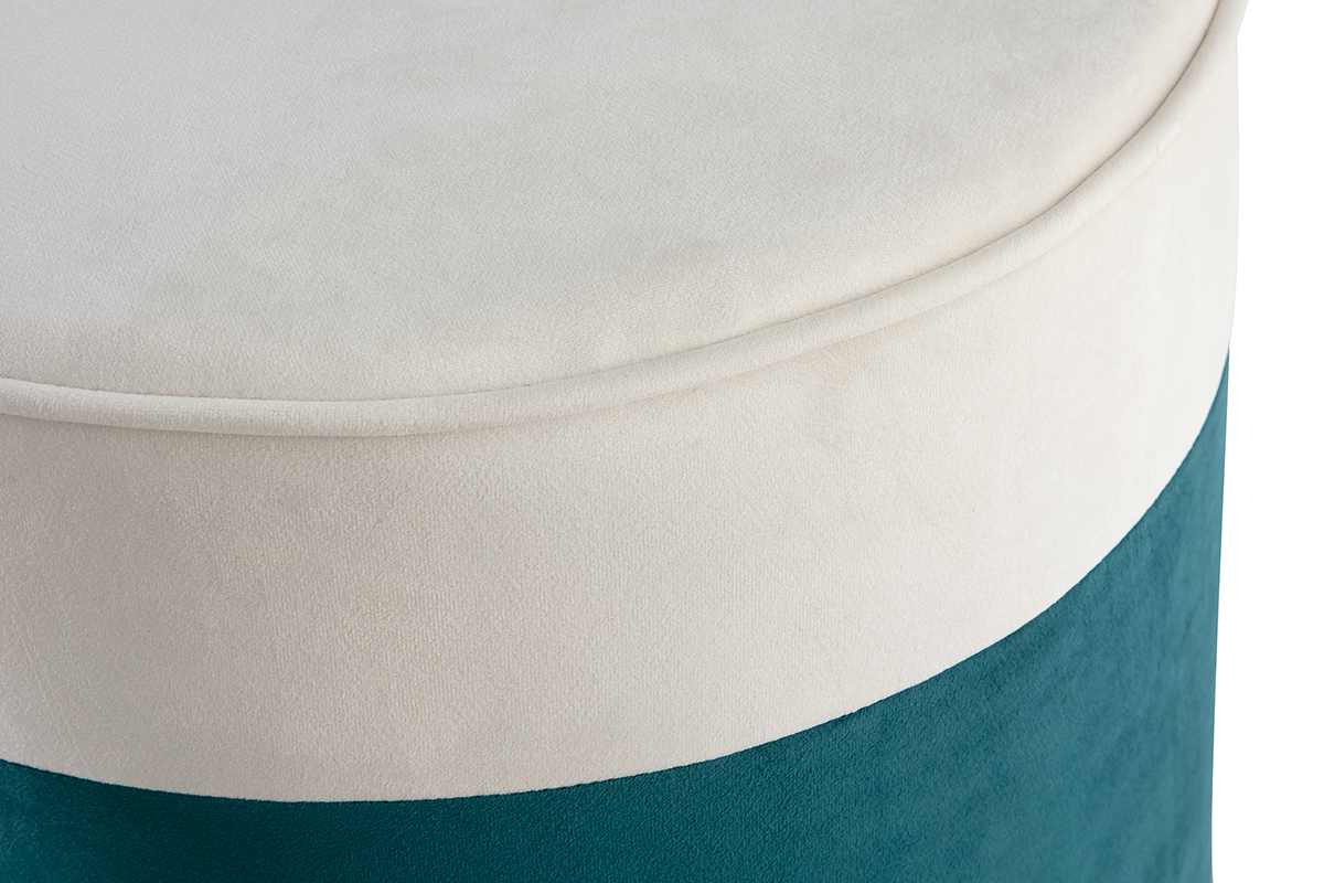 Pouf design bicolore in velluto bianco crema e blu pavone D40 cm DAISY