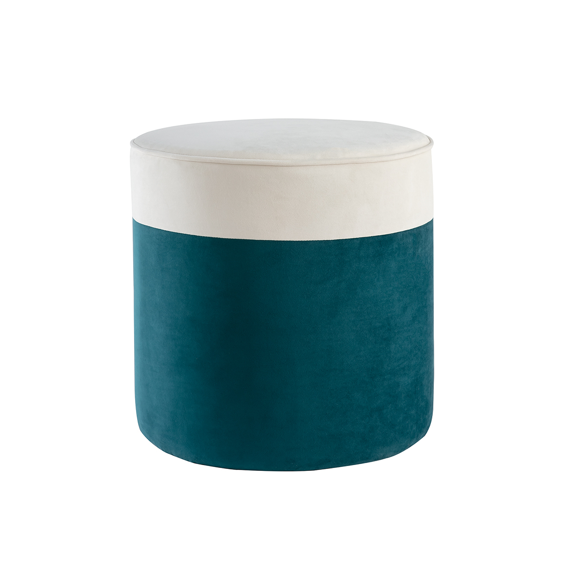 Pouf design bicolore in velluto bianco crema e blu pavone D40 cm DAISY