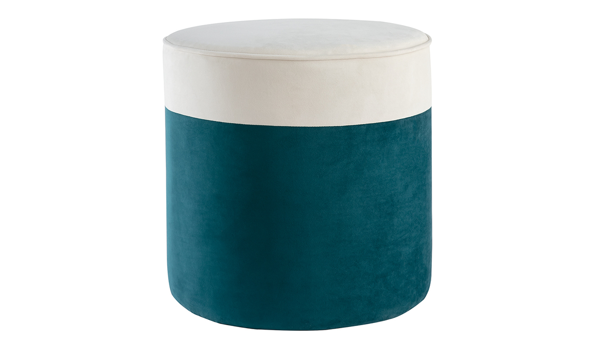 Pouf design bicolore in velluto bianco crema e blu pavone D40 cm DAISY