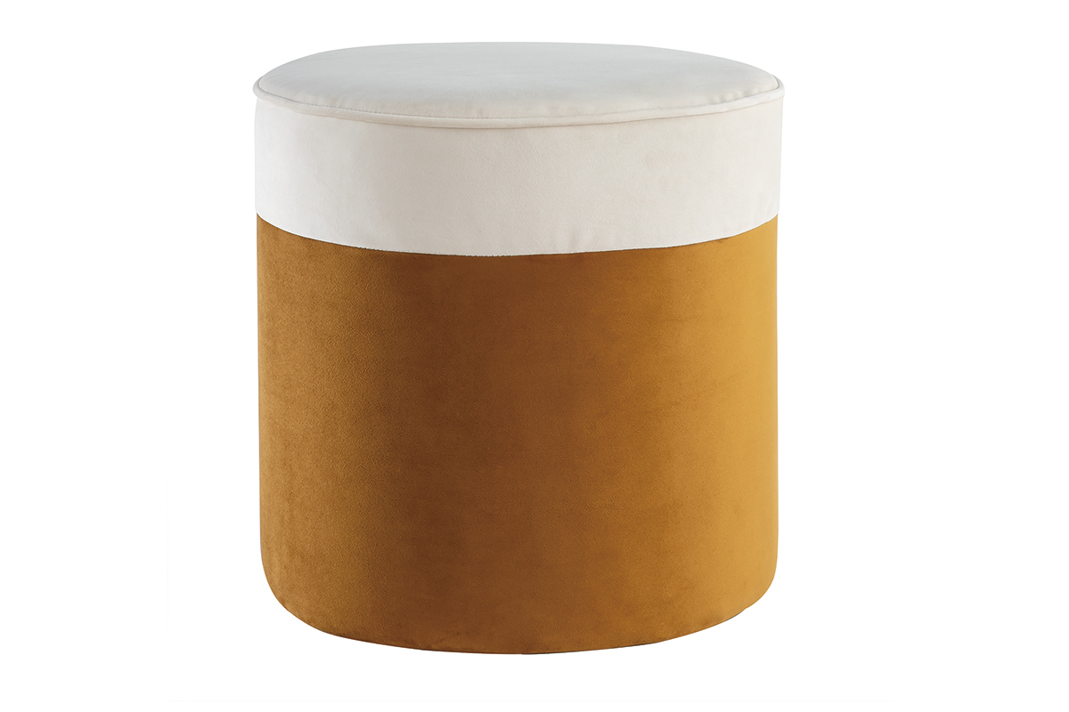 Pouf design bicolore in velluto bianco crema e giallo cumino D40 cm DAISY