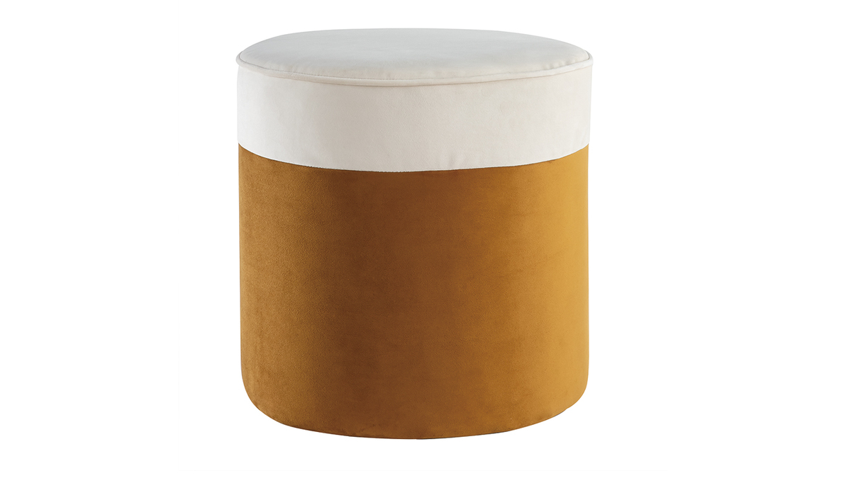 Pouf design bicolore in velluto bianco crema e giallo cumino D40 cm DAISY