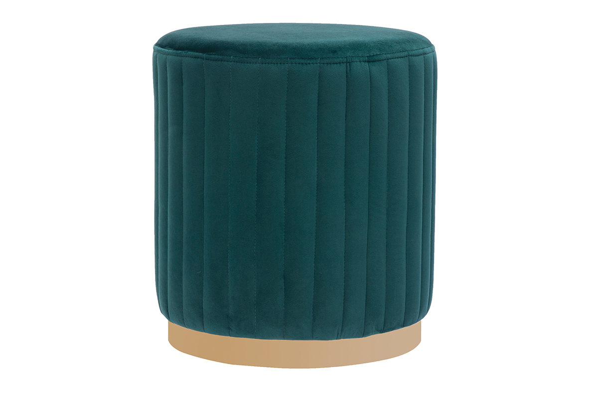 Pouf in velluto blu anatra e metallo dorato D40 cm DONA