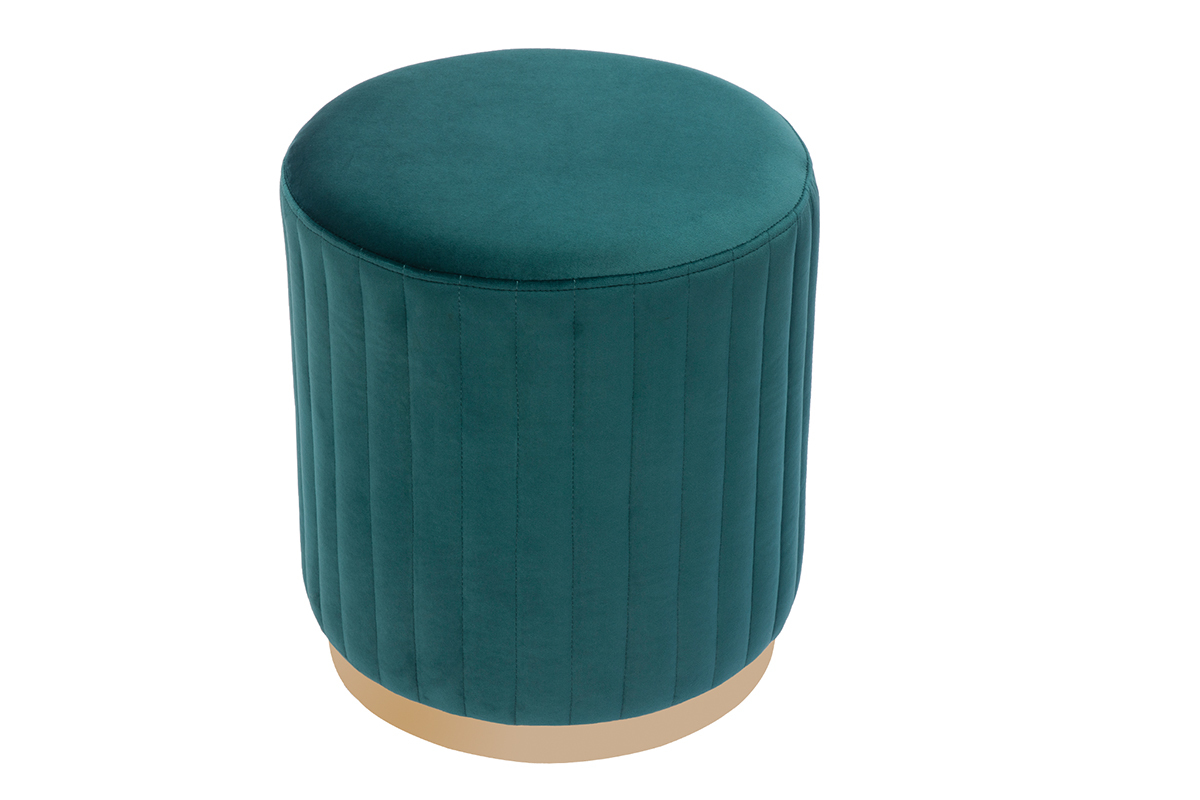 Pouf in velluto blu anatra e metallo dorato D40 cm DONA