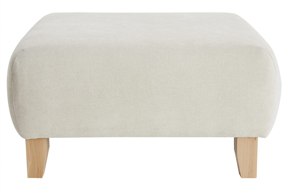 Pouf poggiapiedi in tessuto effetto velluto testurizzato beige e legno massello chiaro L75 ODEON