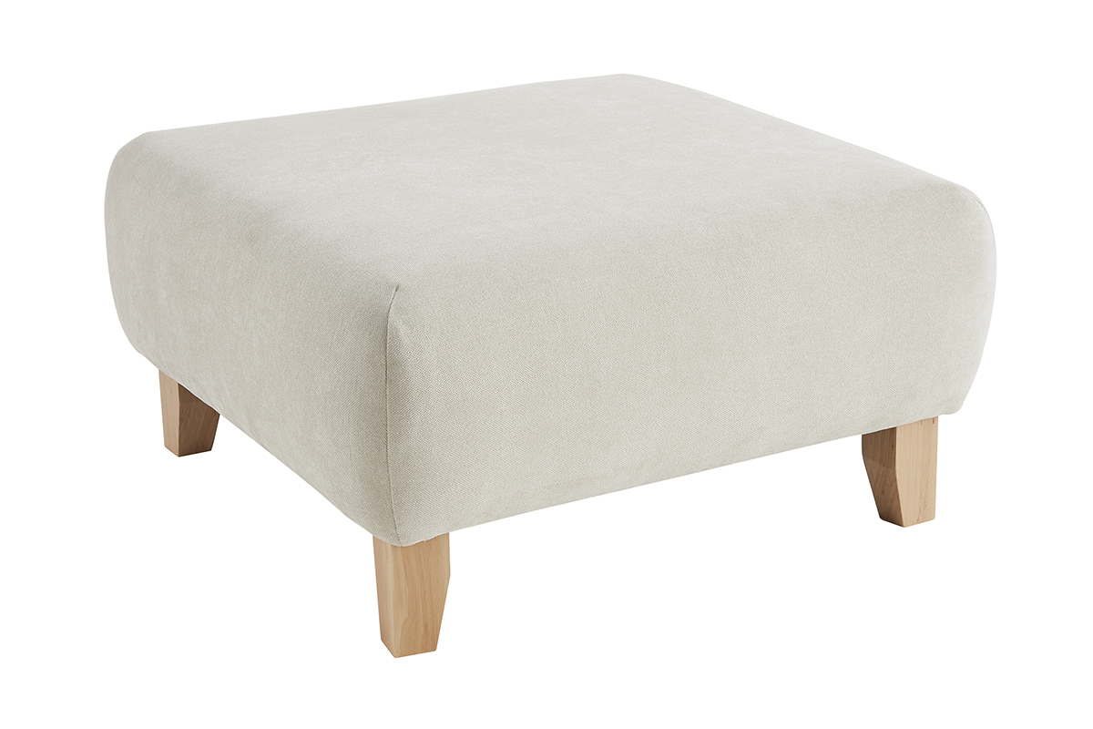 Pouf poggiapiedi in tessuto effetto velluto testurizzato beige e legno massello chiaro L75 ODEON