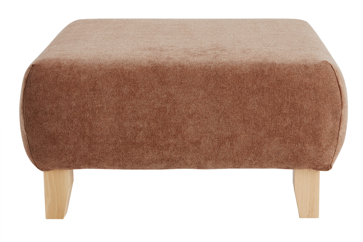 Pouf poggiapiedi in tessuto effetto velluto testurizzato color terracotta e legno massello chiaro L75 ODEON