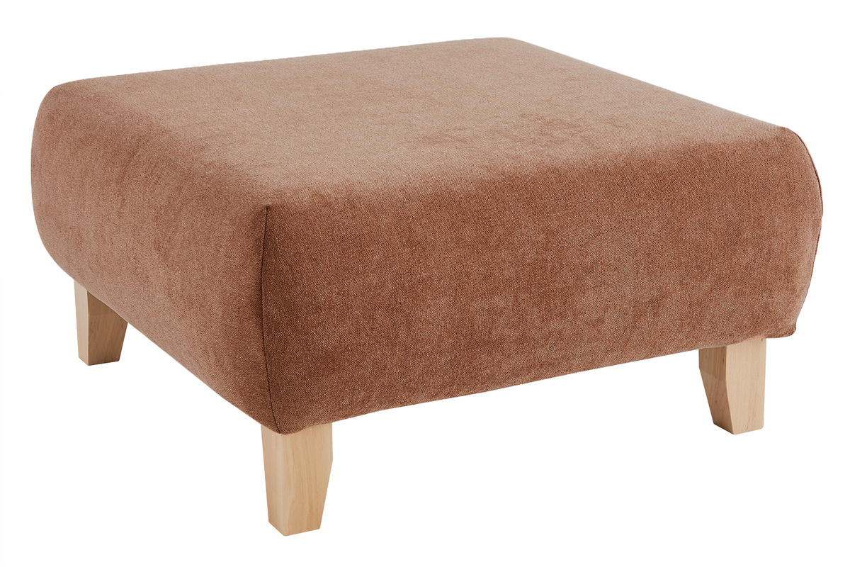 Pouf poggiapiedi in tessuto effetto velluto testurizzato color terracotta e legno massello chiaro L75 ODEON