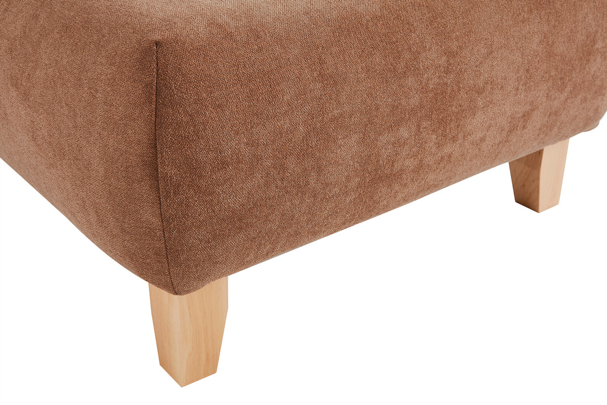 Pouf poggiapiedi in tessuto effetto velluto testurizzato color terracotta e legno massello chiaro L75 ODEON