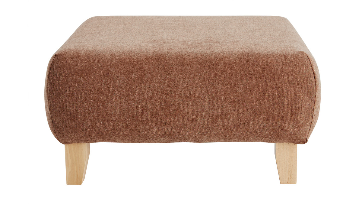 Pouf poggiapiedi in tessuto effetto velluto testurizzato color terracotta e legno massello chiaro L75 ODEON