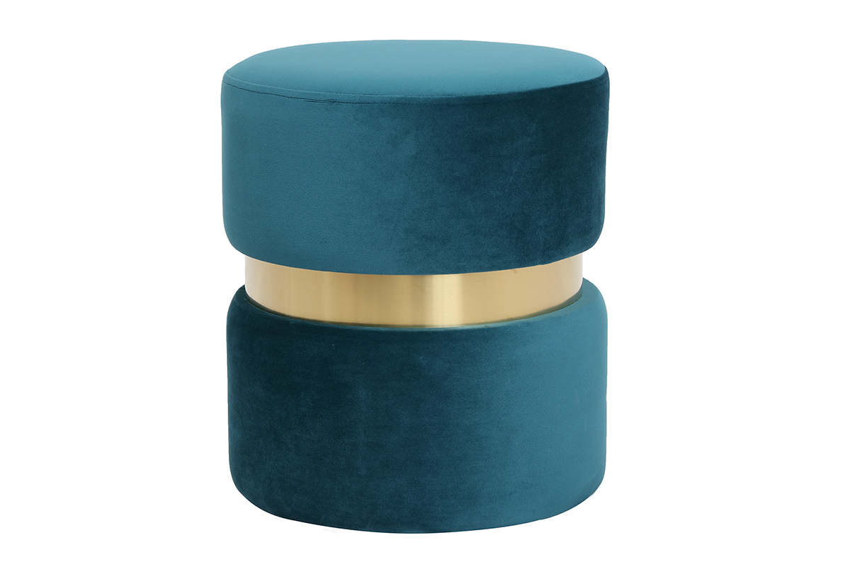 Pouf / poggiapiedi rotondo in velluto blu anatra e metallo dorato JOY