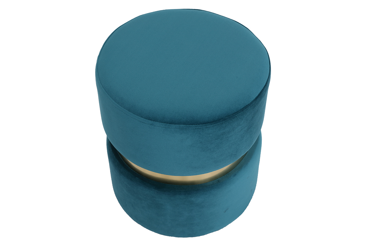 Pouf / poggiapiedi rotondo in velluto blu anatra e metallo dorato JOY