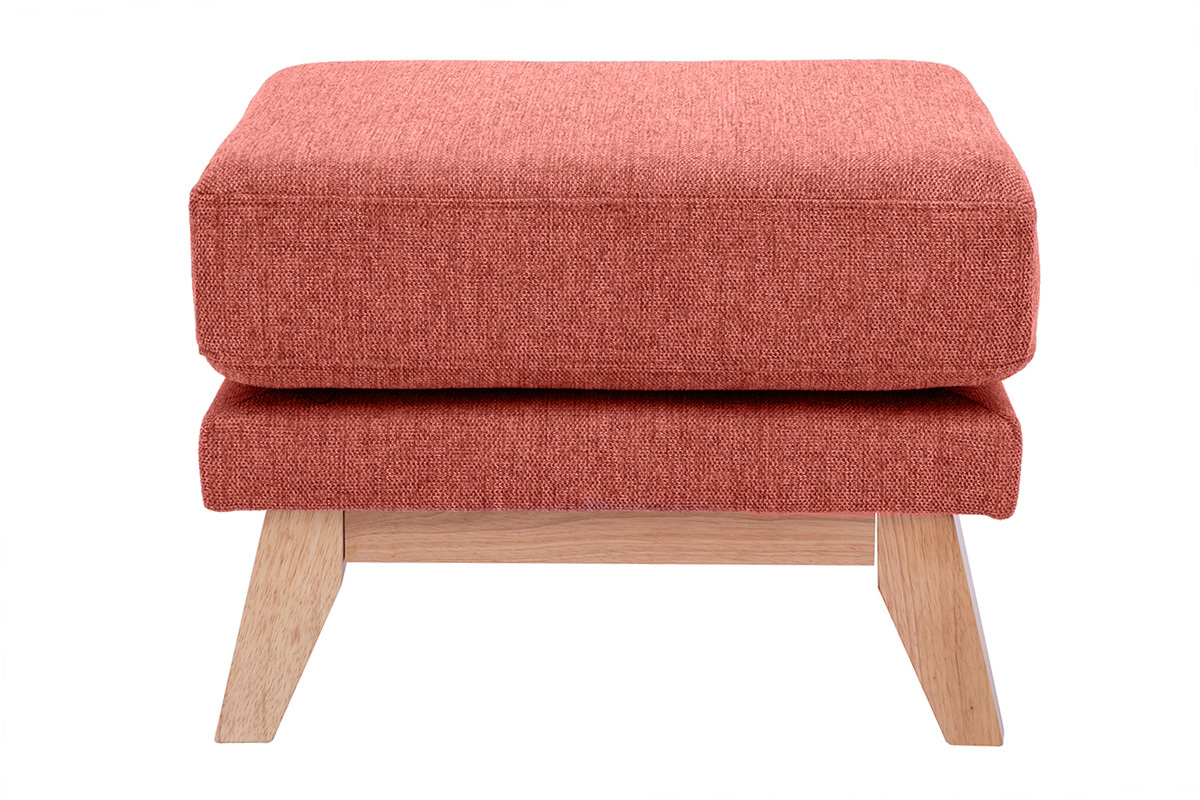 Pouf poggiapiedi sfoderabile scandinavo in tessuto effetto velluto testurizzato color terracotta e legno chiaro OSLO