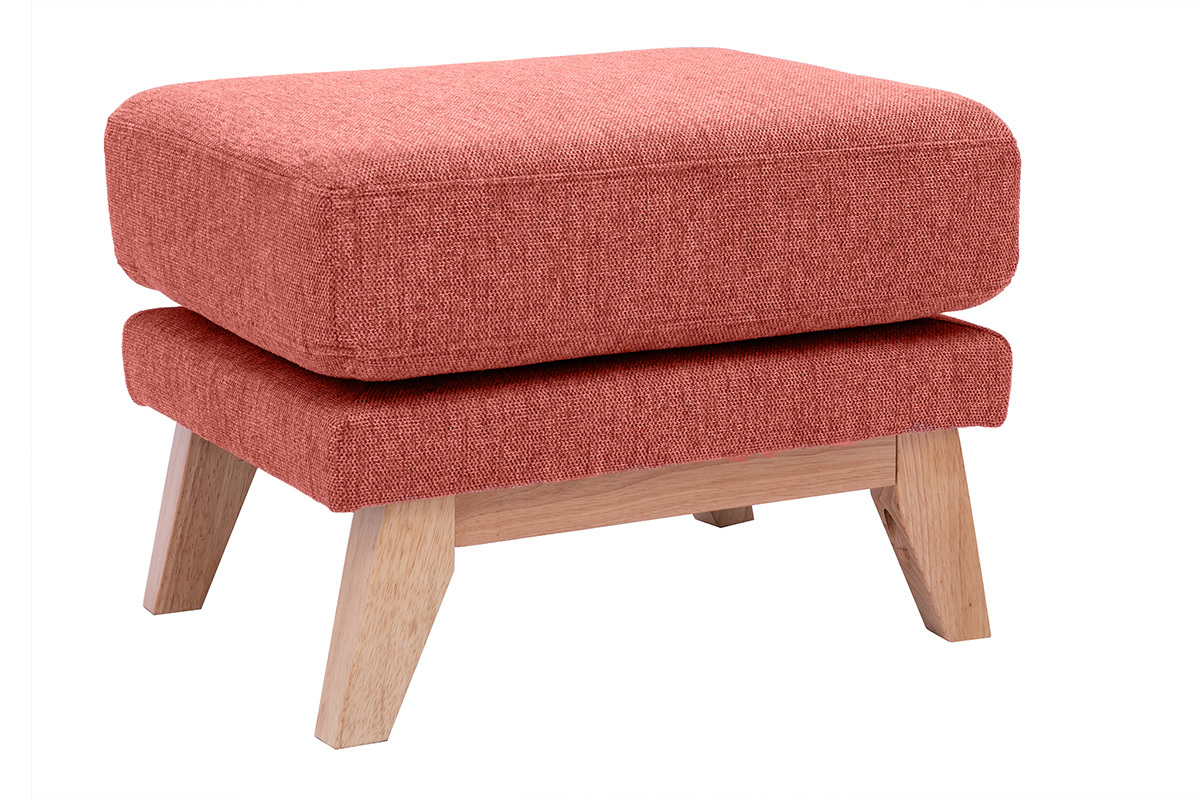 Pouf poggiapiedi sfoderabile scandinavo in tessuto effetto velluto testurizzato color terracotta e legno chiaro OSLO