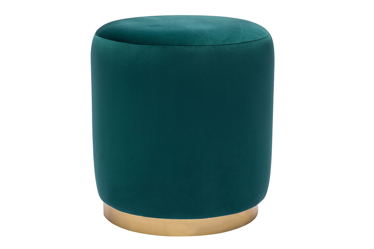 Pouf rotondo in velluto blu petrolio e metallo dorato D40 cm AMAYA