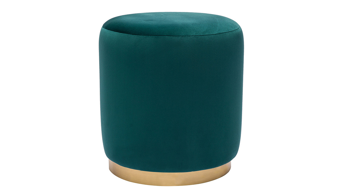 Pouf rotondo in velluto blu petrolio e metallo dorato D40 cm AMAYA