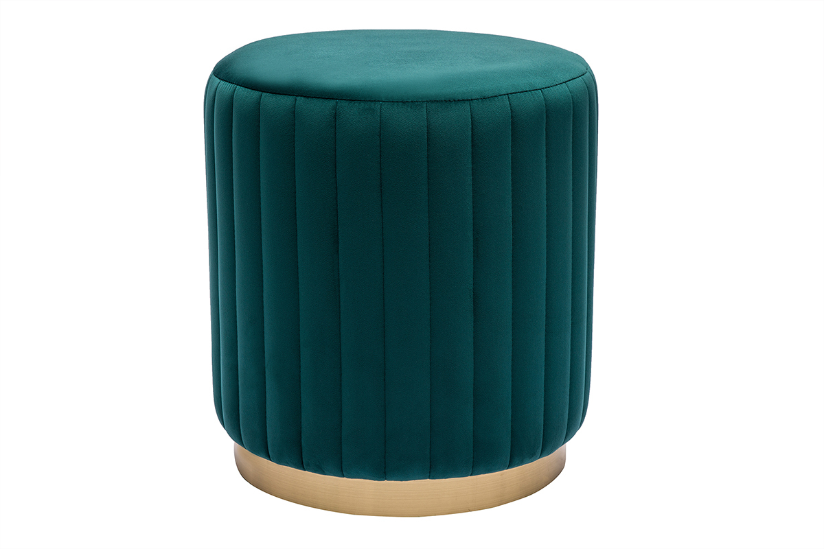 Pouf rotondo in velluto blu petrolio e metallo dorato D40 cm DONA