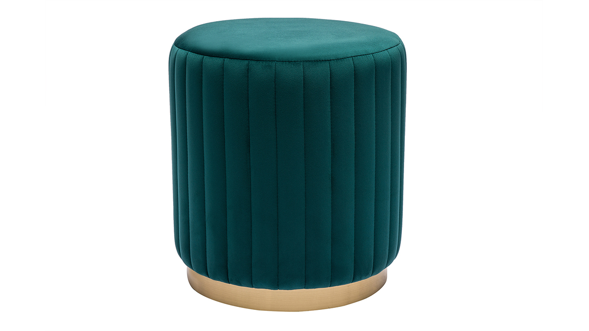 Pouf rotondo in velluto blu petrolio e metallo dorato D40 cm DONA