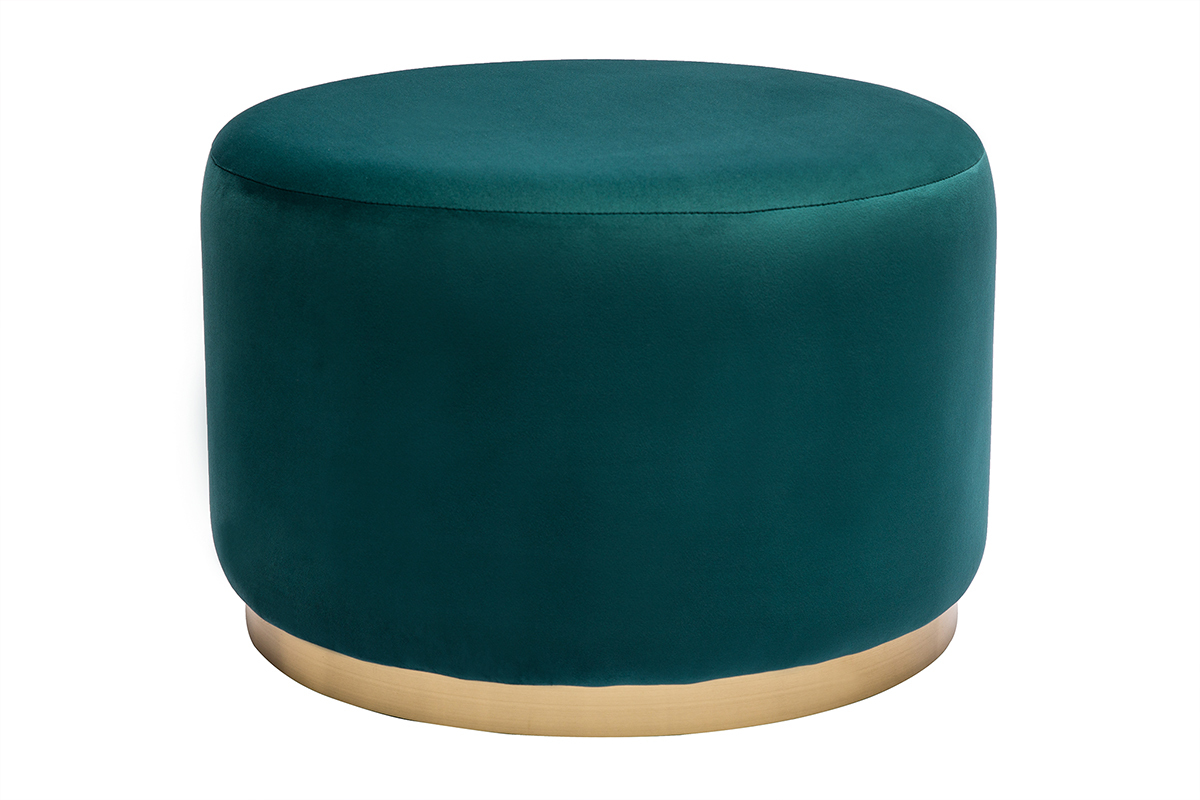 Pouf rotondo in velluto blu petrolio e metallo dorato D54 cm AMAYA