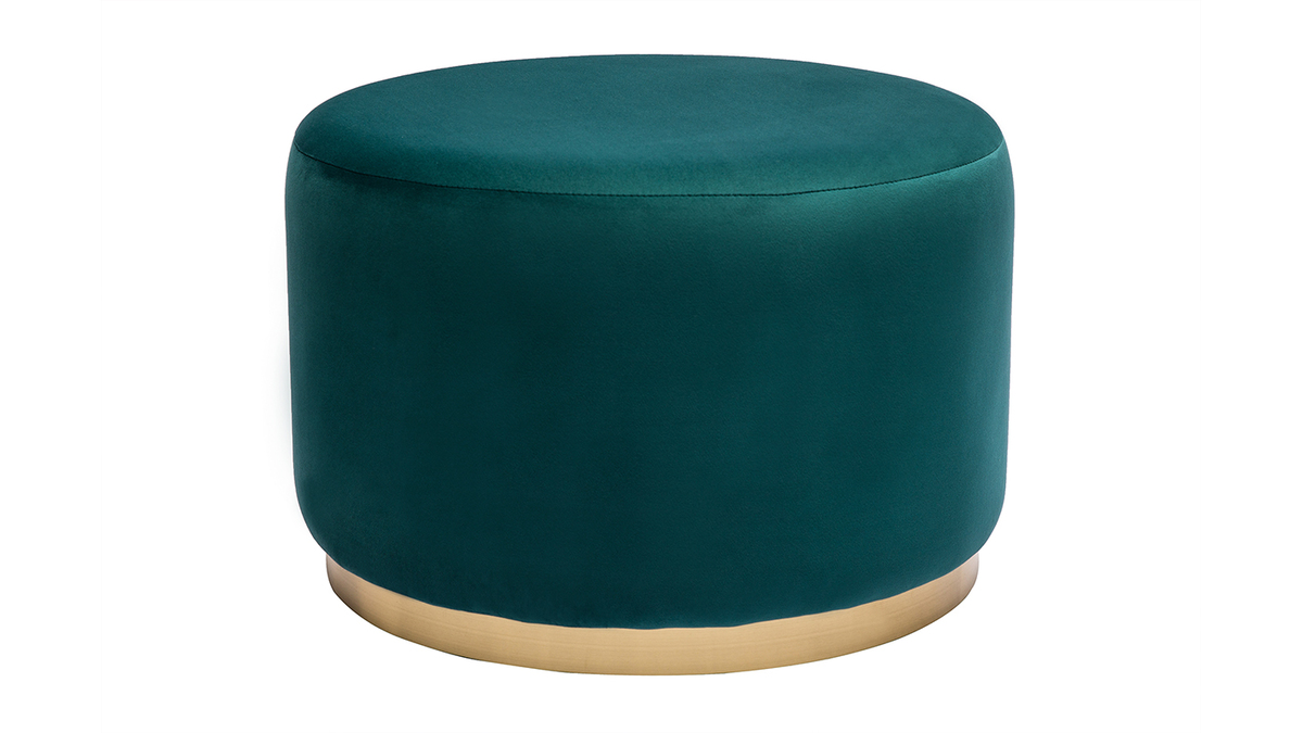 Pouf rotondo in velluto blu petrolio e metallo dorato D54 cm AMAYA