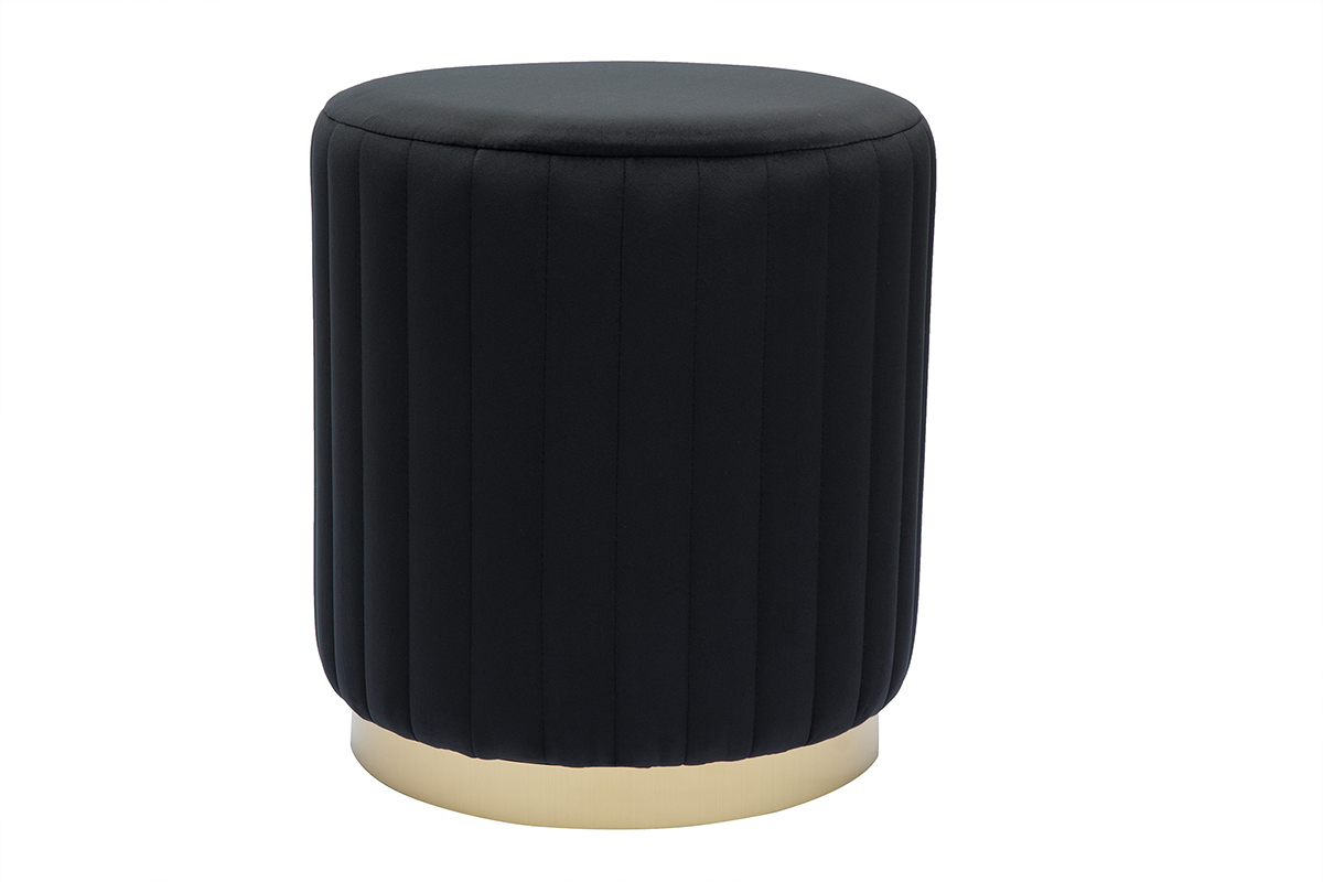 Pouf rotondo in velluto nero e metallo dorato D40 cm DONA