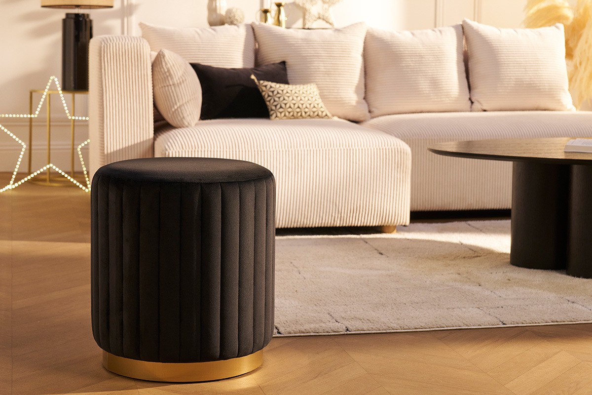 Pouf rotondo in velluto nero e metallo dorato D40 cm DONA