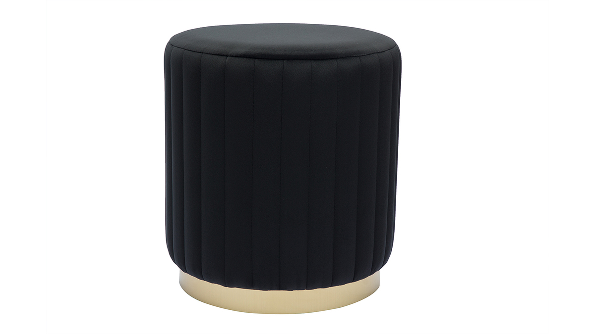 Pouf rotondo in velluto nero e metallo dorato D40 cm DONA